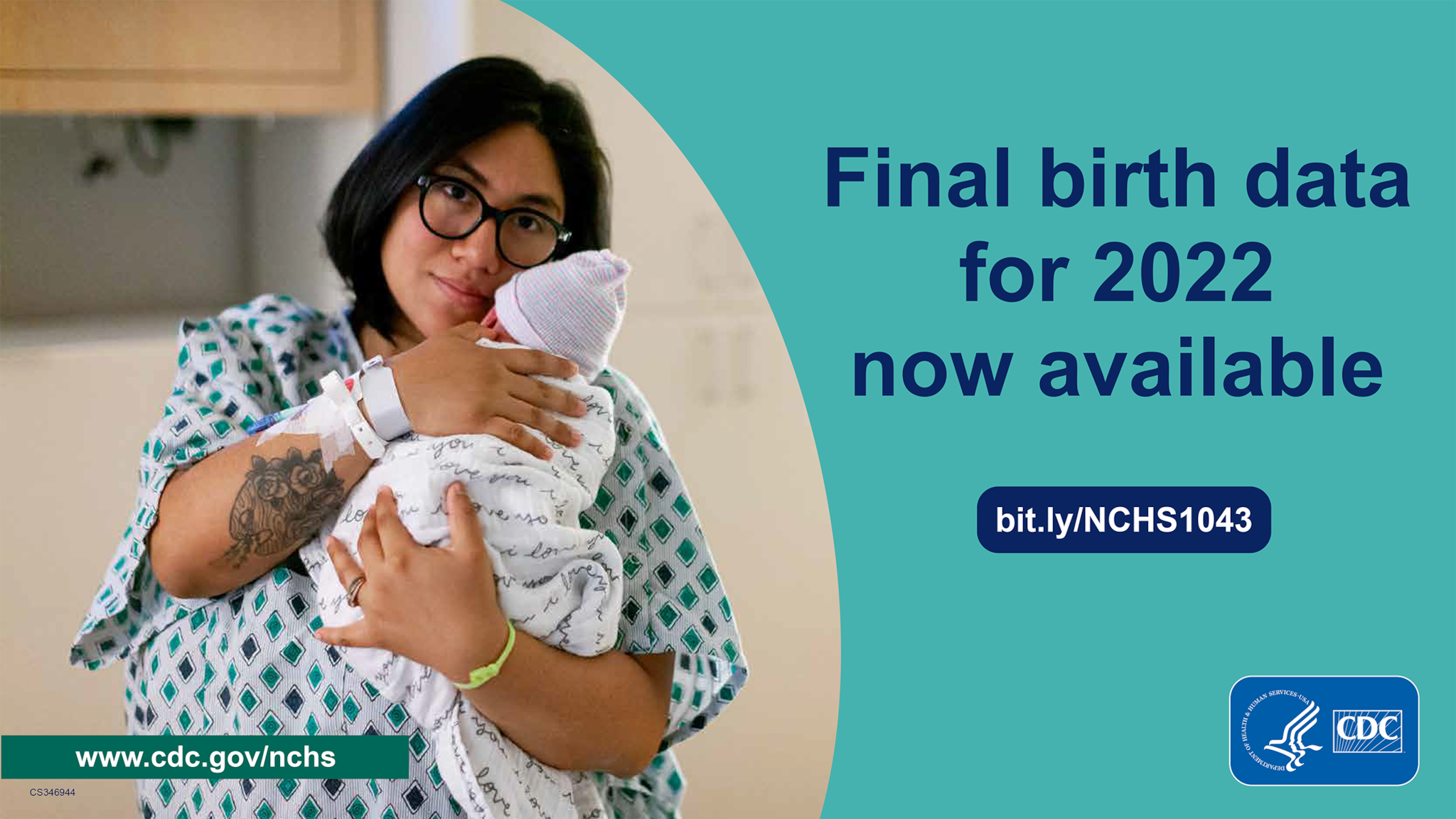 Text states, Final birth data for 2022 now available, beside a photo of a mother standing in a hospital gown and holding a newborn baby in a blanket and cap.
