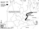 Thumbnail of Greater metropolitan Toronto area where rabies vaccine bait doses were distributed during 1989–1999.