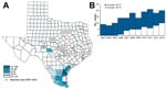 Thumbnail of Geographic distribution of typhus group rickettsiosis, Texas, 2003–2013. A) County-level cumulative incidence per 100,000 population, 2003–2013, and spread into new geographic areas beginning in 2007. B) Incidence stratified by geographic location; &lt;28°N represents south Texas.