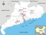Thumbnail of Farm locations for study of influenza D viruses in cattle, goats, buffalo, and pigs, Guangdong Province, China.