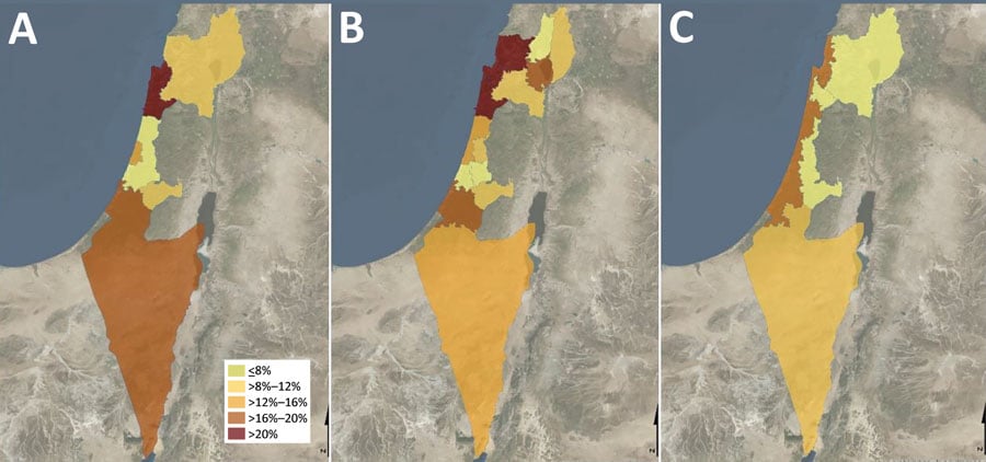 Q fever prevalence by district, subdistrict, and natural region in cross-sectional study of seroprevalence among blood donors, Israel, 2021. Spatial distribution of Q fever seroprevalence uses different geographic classifications. A) Seroprevalence rates by district; the highest rate was in Haifa district. B) Seroprevalence rates by subdistrict; the highest rate was in Hadera subdistrict. C) Seroprevalence rates by 4 natural region clusters; the highest rate was in the coastal plain area.