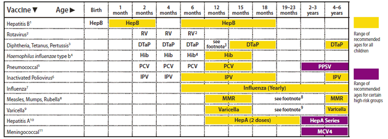 The figure shows the recommended immunization schedule for 2011 for persons aged 0 through 6 years in the United States