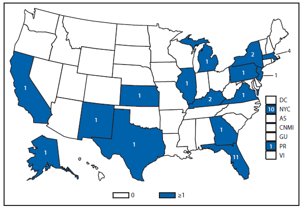 This figure is a map of the United States and U.S. territories that presents the number of cholera cases in each state and territory in 2011.