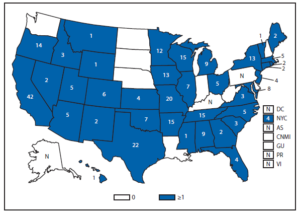 This figure is a map of the United States and U.S. territories that presents the number of hemolytic uremic, postdiarrheal cases in each state and territory in 2011.