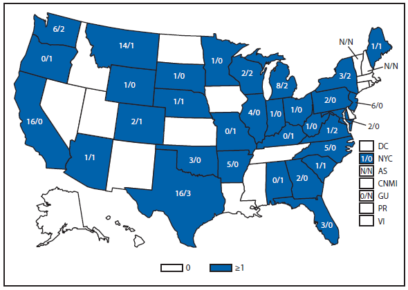 This figure is a map of the United States and U.S. territories that presents the number of acute and chronic Q fever cases in each state and territory in 2011.