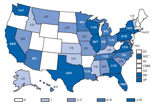 This figure is a map of the United States that presents the number of cases of dengue fever and dengue hemorrhagic fever in the United States and its territories in 2012.