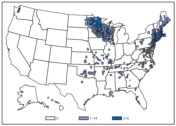 This figure is a map of the United States that presents the number of ehrlichiosis (anaplasma phagocytophilum) cases by county in 2012.