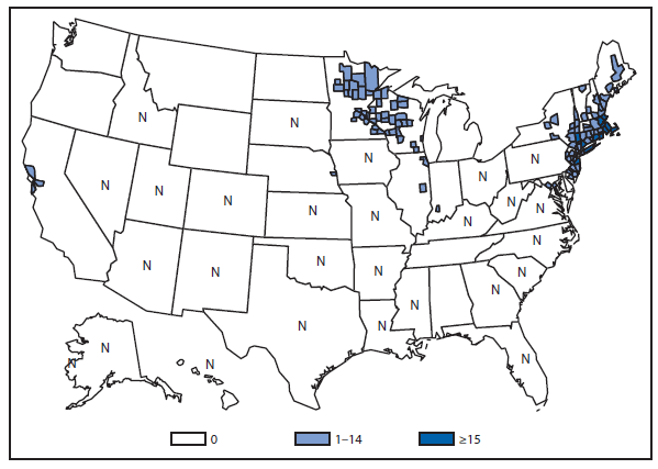 This figure is a map that presents the number of reported cases in each state in 2012.