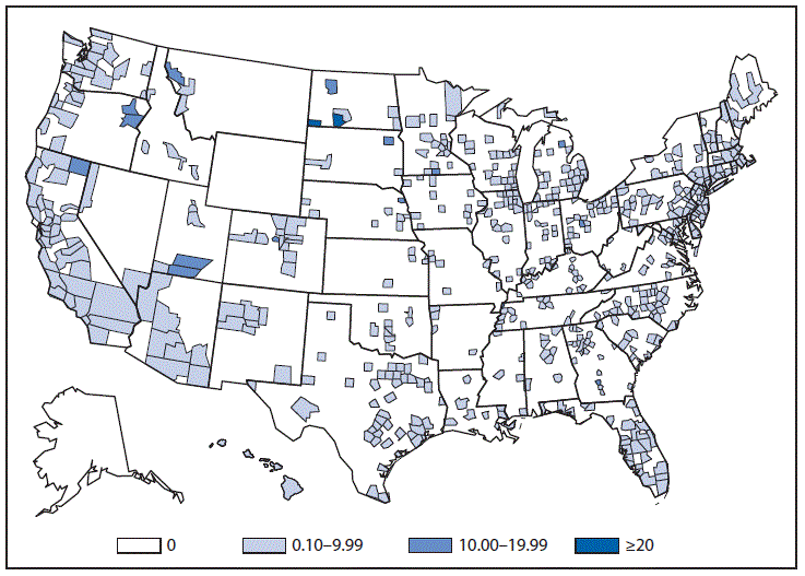 This figure is a map of the United States that presents the incidence range per 100,000 population of hepatitis A by county in 2013.