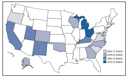The figure presents a U.S. map with the states shaded based on the year they initially began collecting NVDRS data. Seven states (Alaska, Maryland, Massachusetts, New Jersey, Oregon, South Carolina, and Virginia) began collecting data in 2003, six states (Colorado, Georgia, North Carolina, Oklahoma, Rhode Island, and Wisconsin) in 2004, four (California, Kentucky, New Mexico, and Utah) in 2005, and two (Ohio and Michigan) in 2010.