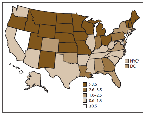 This U.S. map presents the incidence rate of cryptosporidiosis by reporting jurisdiction (state and U.S. territory) for the year 2012.