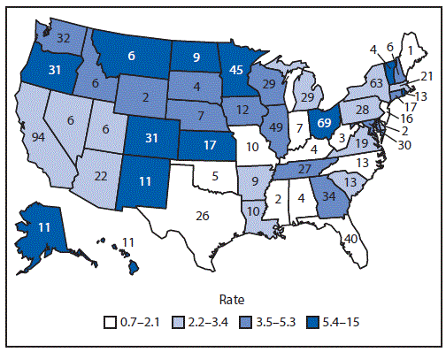 m6355a8f2.gif The figure shows a map of the United States displaying the rate of reported foodborne disease outbreaks and the number of outbreaks in 2013. Rates and numbers varied by state. Data are drawn from the Foodborne Disease Outbreak Surveillance System.