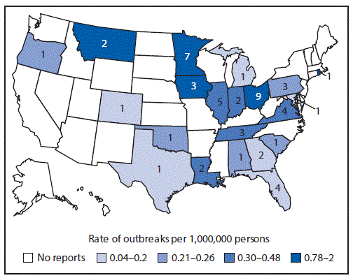 m6355a8f3.gif The figure shows a map of the United States displaying the rate of reported waterborne disease outbreaks and the number of outbreaks in 2013. Rates and numbers varied by state. Data are drawn from the Waterborne Disease Outbreak Surveillance System.
