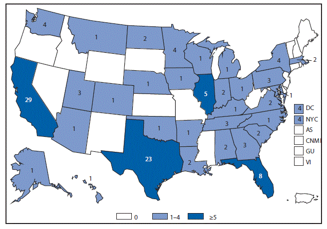 m6453a1f11 This figure is a map of the United States and U.S. territories that presents the number of brucellosis cases in each state and territory in 2014.