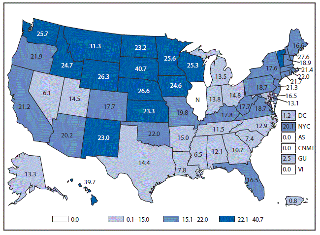 m6453a1f13 This figure is a map of the United States and U.S. territories that presents the number of campylobacteriosis cases in each state and territory in 2015.