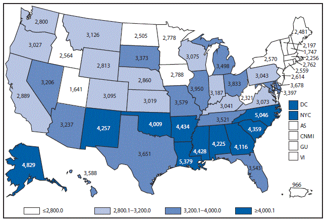 m6453a1f14 This figure is a map of the United States and U.S. territories that presents the incidence per 100,000 population of chlamydia among women aged 15–24 years in 2015.