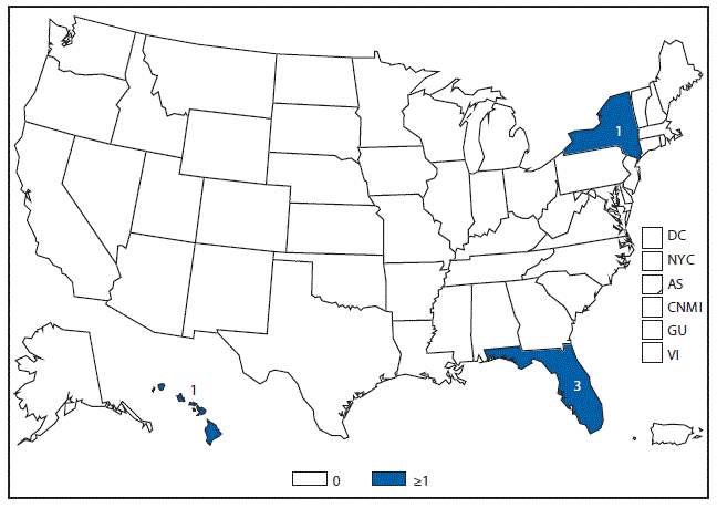 m6453a1f16 This figure is a map of the United States and U.S. territories that presents the number of cholera cases in each state and territory in 2015.