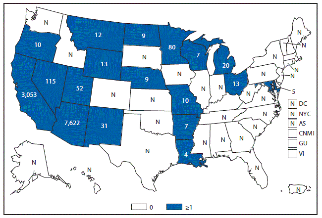 m6453a1f17 This figure is a map of the United States and U.S. territories that presents the number of reported cases in each state and territory in 2015.