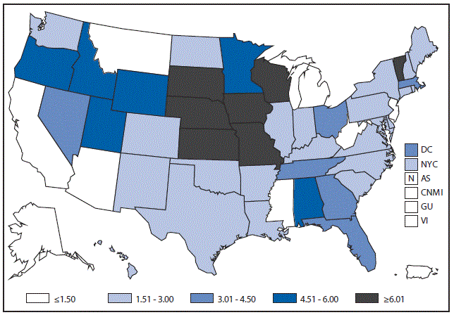 m6453a1f19 This figure is a map of the United States and U.S. territories that presents the incidence range per 100,000 population of cryptosporidiosis cases in each state and territory in 2015.
