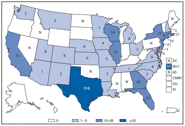 m6453a1f20 This figure is a map that provides the number of reported cases of cyclosporiasis in the United States and in U.S. territories in 2015.