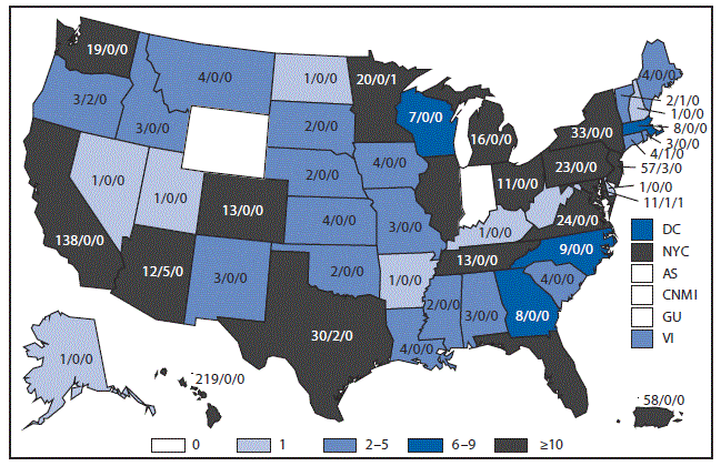 m6453a1f22 This figure is a map of the United States that presents the number of cases of dengue in the United States and its territories in 2015.