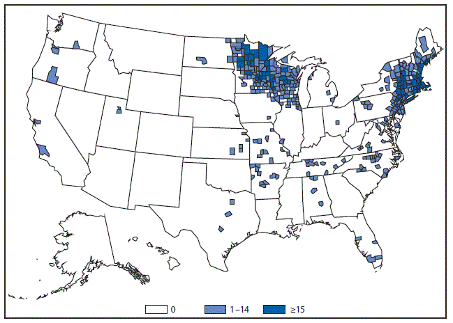 m6453a1f24 This figure is a map of the United States that presents the number of ehrlichiosis (anaplasma phagocytophilum) cases by county in 2015.