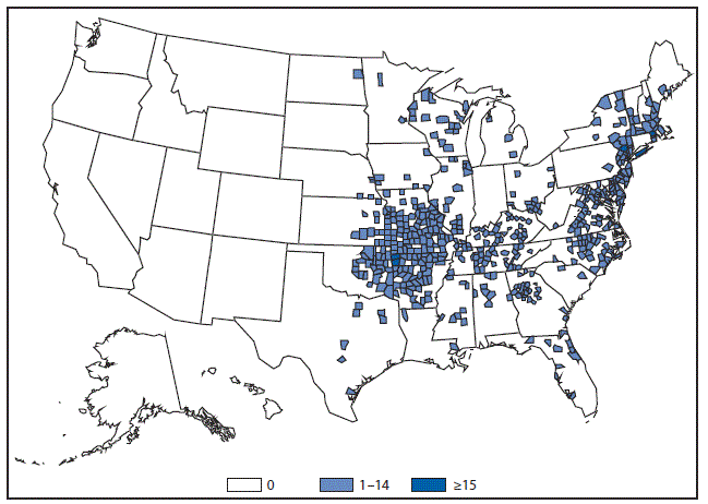m6453a1f25 This figure is a map of the United States that presents the number of Ehrlichiosis (Ehrlichia chaffeensis) cases by county in 2015.