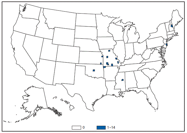 m6453a1f26 This figure is a map of the United States that presents the number of Ehrlichiosis (Ehrlichia ewingii) cases in by county in 2015.