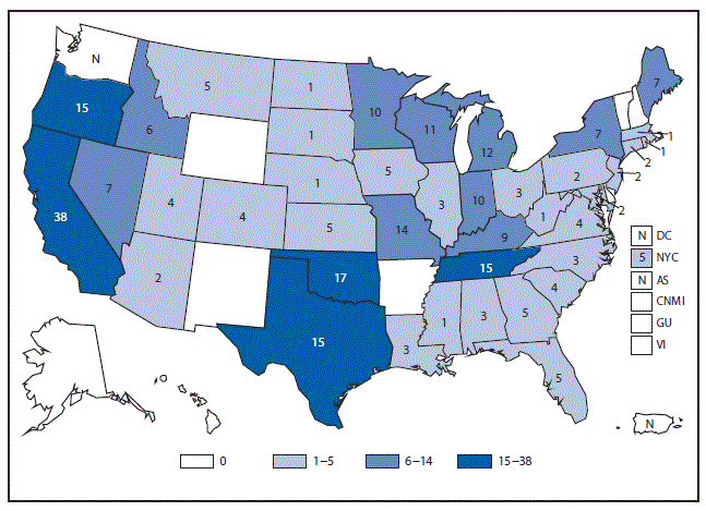 m6453a1f32 This figure is a map of the United States and U.S. territories that presents the number of hemolytic uremic, postdiarrheal cases in each state and territory in 2015.