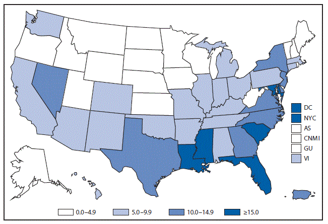 m6453a1f34 This figure is a map of the United States and U.S. territories that presents the rates per 100,000 population of diagnosed HIV cases in each state and territory in 2015.