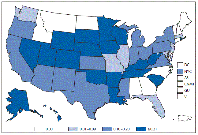 m6453a1f35 This figure is a map of the United States and U.S. territories that presents the incidence range per 100,000 population of influenza-associated pediatric deaths in each state and territory in 2015.