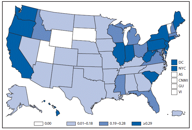 m6453a1f38 This figure is a map of the United States and U.S. territories that presents the number of listeriosis cases in each state and territory during 2015.