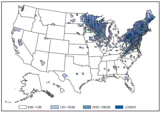 m6453a1f39 This figure is a map of the United States that presents the incidence per 100,000 population of Lyme disease cases in each county in 2015.