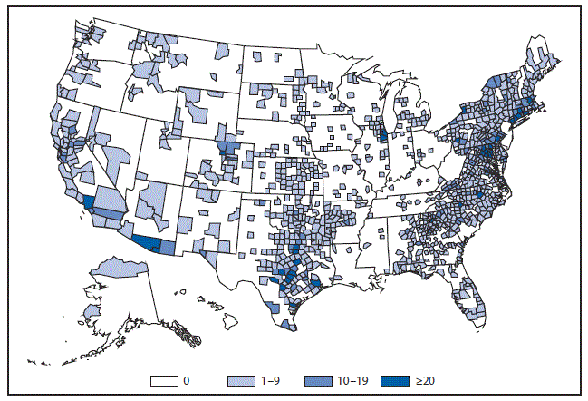 m6453a1f45 This figure is a map of the United States that presents the number of rabies cases, by county, among wild and domestic animals in the United States in 2015.