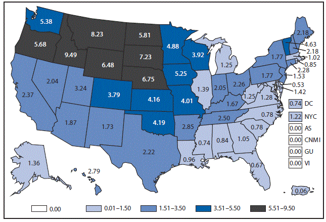 m6453a1f47 This figure is a map of the United States and U.S. territories that presents the incidence of Shiga-toxin producing Escherichia coli cases in each state and territory in 2015.