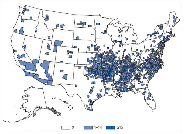 m6453a1f48 This figure is a map that presents the number of spotted fever rickettsiosis cases by county in the United States in 2015.