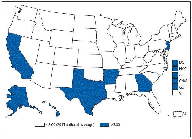 m6453a1f50 This figure is a map of the United States and U.S. territories that presents the incidence range per 100,000 population of tuberculosis cases in each state and territory in 2015.