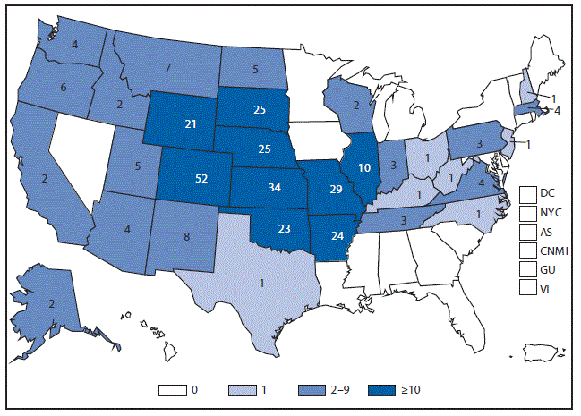 m6453a1f53 This figure is a map of the United States and U.S. territories that presents the number of tularemia cases in each state and territory in 2015.