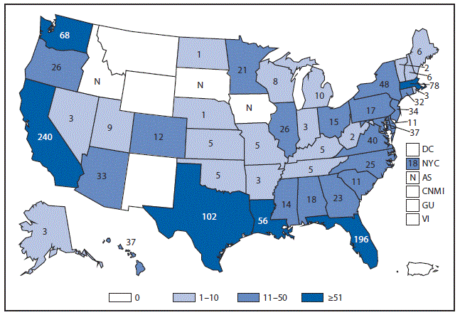 m6453a1f56 This figure is a map of the United States and U.S. territories that presents the number of cases of vibriosis in each state and territory in 2015.