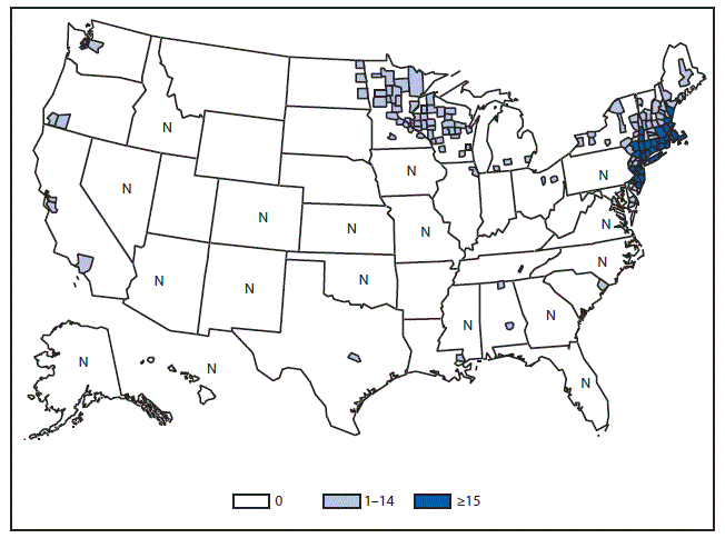 m6453a1f7 This figure is a map of the United States that presents the number of reported cases in each county in 2015.