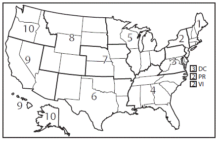 s6602a1f2.gif This figure is a map showing the U.S. Department of Health and Human Services public health regions, as follows: region 1 comprises Connecticut, Maine, Massachusetts, New Hampshire, Rhode Island, and Vermont; region 2 comprises New Jersey, New York, Puerto Rico, and the U.S. Virgin Islands (Mortality data for residents of U.S. territories were excluded.); region 3 comprises Delaware, District of Columbia, Maryland, Pennsylvania, Virginia, and West Virginia; region 4 comprises Alabama, Florida, Georgia, Kentucky, Mississippi, North Carolina, South Carolina, and Tennessee; region 5 comprises Illinois, Indiana, Michigan, Minnesota, Ohio, and Wisconsin; region 6 comprises Arkansas, Louisiana, New Mexico, Oklahoma, and Texas; region 7 comprises Iowa, Kansas, Missouri, and Nebraska; region 8 comprises Colorado, Montana, North Dakota, South Dakota, Utah, and Wyoming; region 9 comprises Arizona, California, Hawaii, and Nevada; region 10 comprises Alaska, Idaho, Oregon, and Washington.
