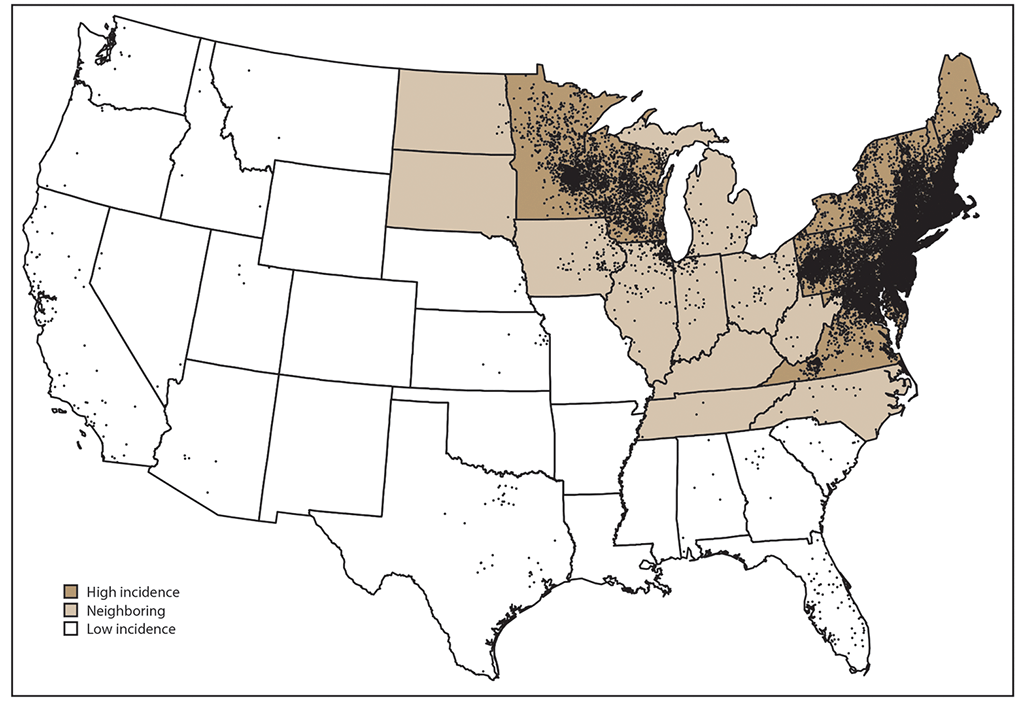s6622a1f2 Map of the United States shows the average number of confirmed cases of Lyme disease by county of residence for the years 2008 to 2015. States with an average annual incidence ≥10 confirmed Lyme disease cases per 100,000 population were classified as high incidence, states that share a border with those states or are located between states with high incidence were classified as neighboring, and all other states were classified as low incidence.