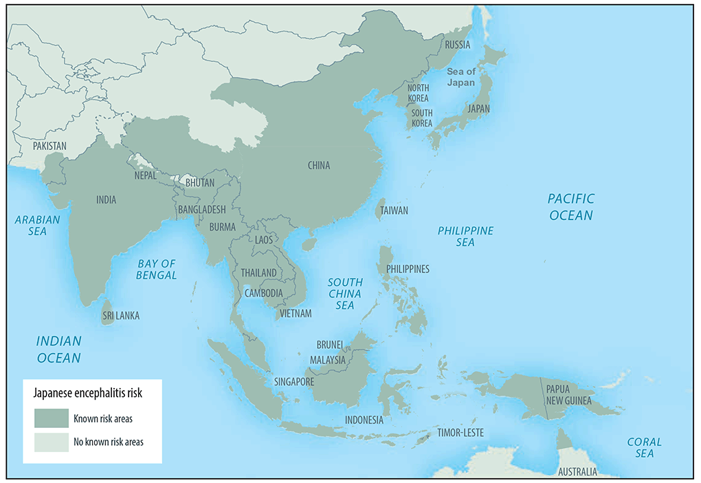rr6802a1-F2 This figure is a map showing the approximate geographic range of Japanese encephalitis throughout most of Asia and parts of the western Pacific. The map has shading indicating known risk areas and no known risk areas.
