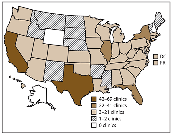 ss6804a1-F1 Map of United States shows the number and location of clinics providing assisted reproductive technology procedures. In 2016, 463 of 502 clinics (92.2%26#37;) in the United States, the District of Columbia, and Puerto Rico provided data to CDC.