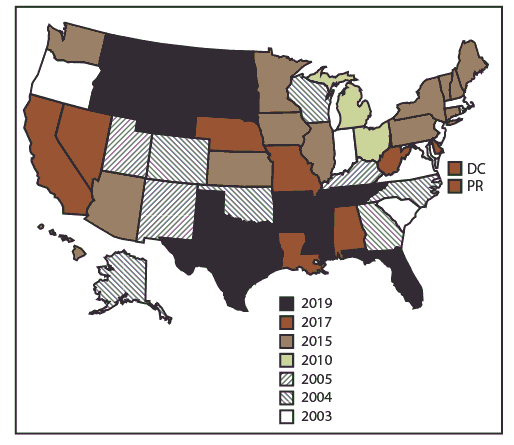 Map of US Map of United States indicates the year in which the state or territory began collecting data in the National Violent Death Reporting System. California began collecting data for a subset of violent deaths in 2005 but ended data collection in 2009. In 2017, California resumed data collection. Michigan collected data for a subset of violent deaths during 2010–2013 and collected statewide data beginning in 2014. In 2016, Illinois, Pennsylvania, and Washington began collecting data on violent deaths in a subset of counties that represents at least 80%26#37; of all violent deaths in the states or in counties where at least 1,800 violent deaths occur. In 2019, all 50 U.S. states, Puerto Rico, and the District of Columbia were participating in the system.