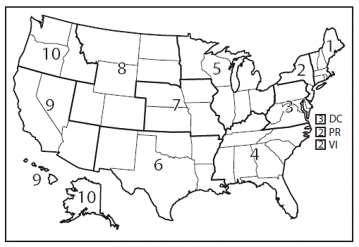 ss6810a1-F2 This figure is a map of the United States showing the 10 U.S. Department of Health and Human Services public health regions.