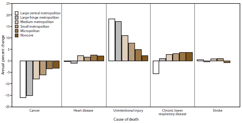 ss6810a1-F5 This figure is a bar chart showing the annual percent change in potentially excess deaths during 2010–2017 from the five leading causes of death (cancer, heart disease, unintentional injury, chronic lower respiratory disease, and stroke) in large central metropolitan, large fringe metropolitan, medium metropolitan, small metropolitan, micropolitan, and noncore counties. Potentially excess deaths from unintentional injury increased across most urban-rural county categories, with the highest increases in large central and large fringe metropolitan counties.