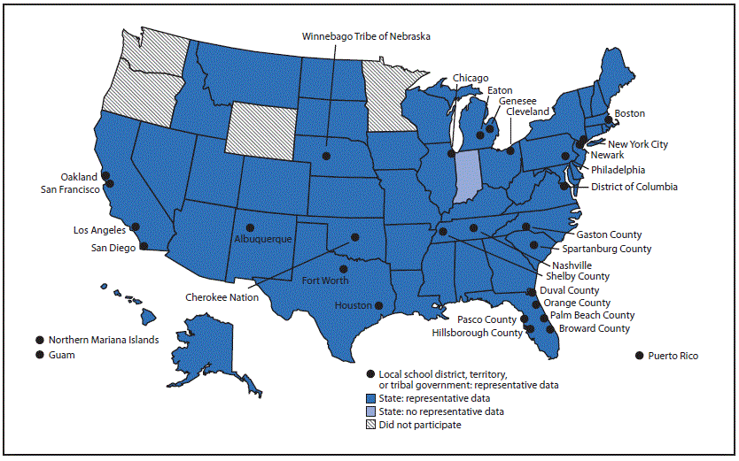 su6901a1-F2 This figure is a map showing the U.S. sites that conducted Youth Risk Behavior Surveys in 2019. A total of 44 states, 28 local school districts, three territories, and two tribal governments had representative data.