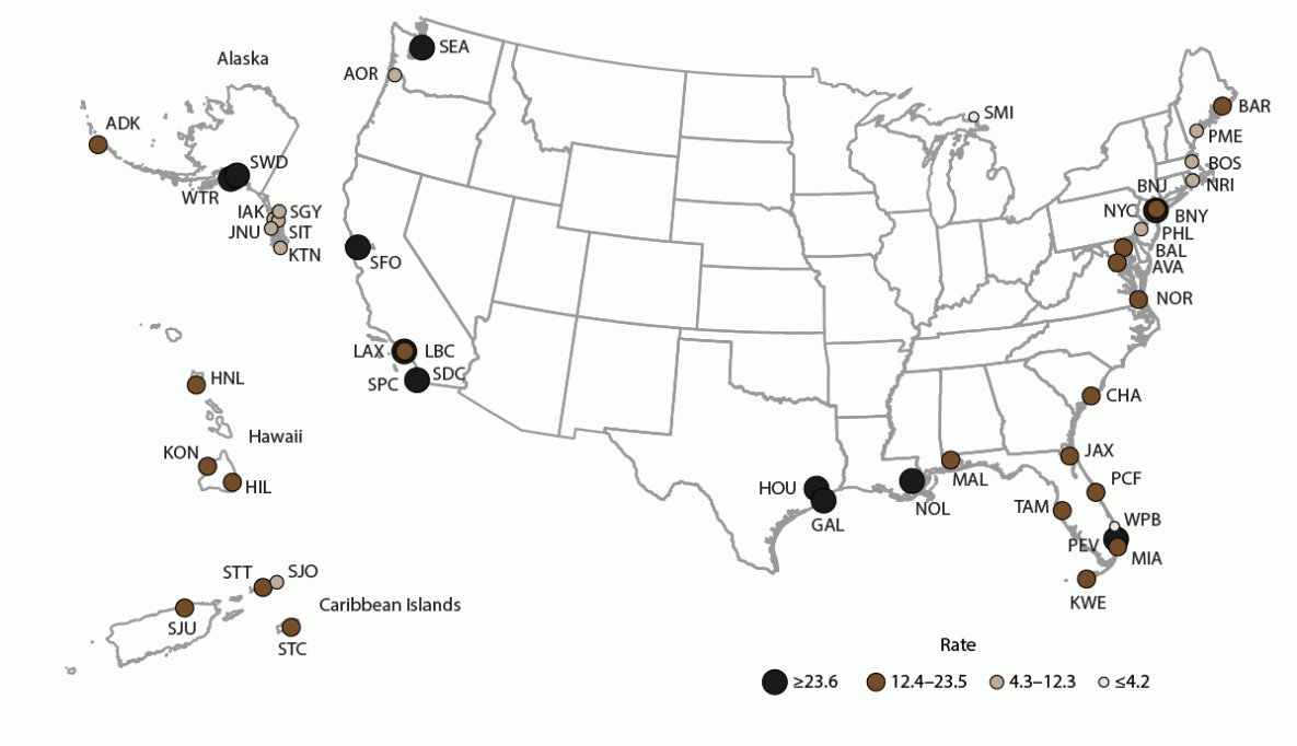 Acute Gastroenteritis on Cruise Ships — Maritime Illness Database and Reporting System, United States, 2006–2019 The figure is a U.S. map that presents the incidence rate of acute gastroenteritis reported by cruise ships anchored at ports in the United States and the Caribbean Islands during 2006-2019.
