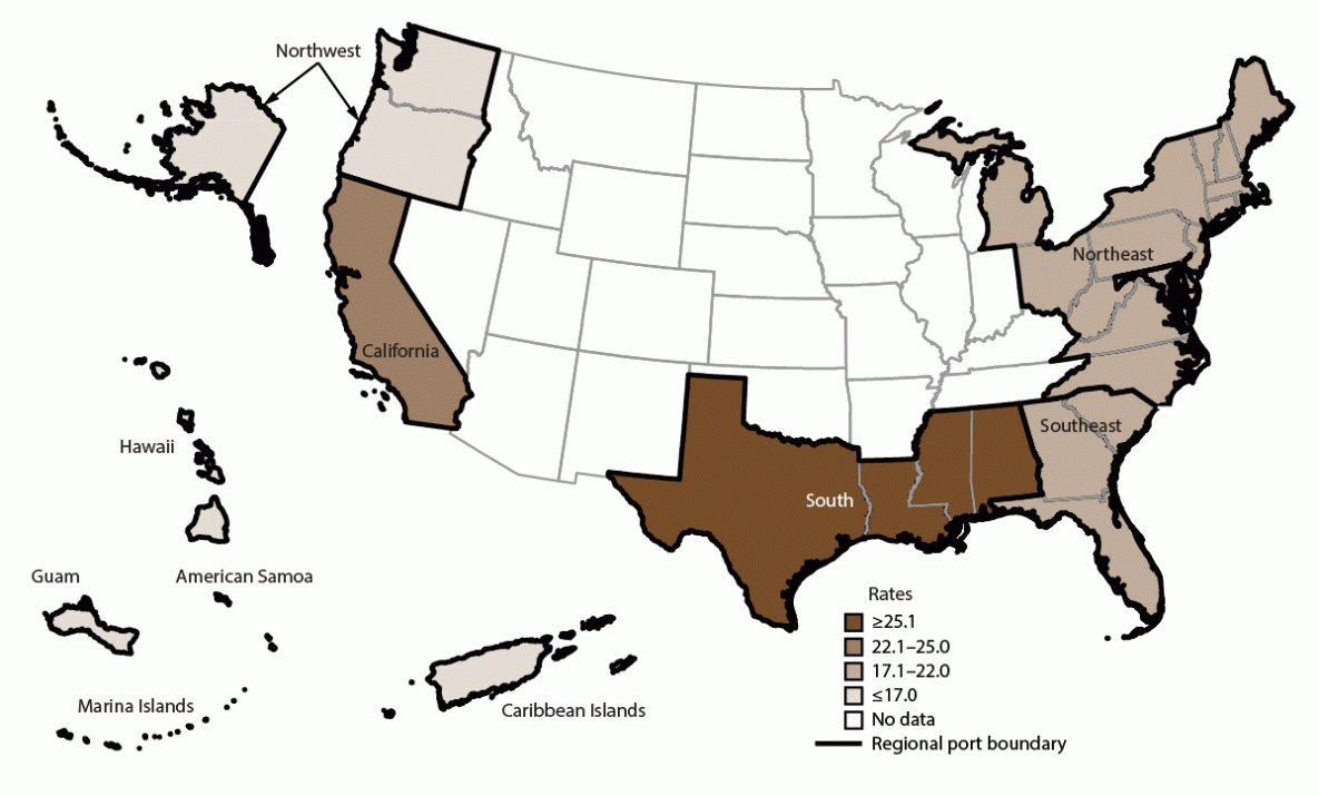 Acute Gastroenteritis on Cruise Ships — Maritime Illness Database and Reporting System, United States, 2006–2019 The figure is a U.S. map that presents the incidence rate of acute gastroenteritis among cruise ship passengers by regional port locations including the Northeast, Southeast, South, Northwest, California, Hawaii (including Guam, American Samoa, and Mariana Islands), and Caribbean Islands during 2006-2019.